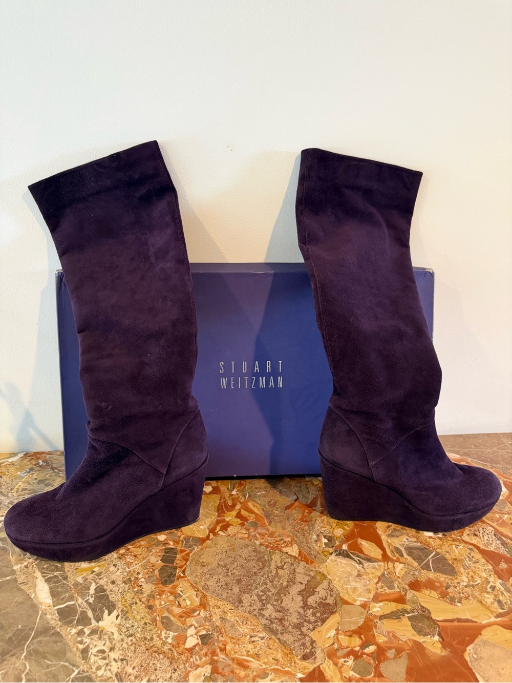 Stuart Weitzman Purple Suede Knee-High Wedge Boots